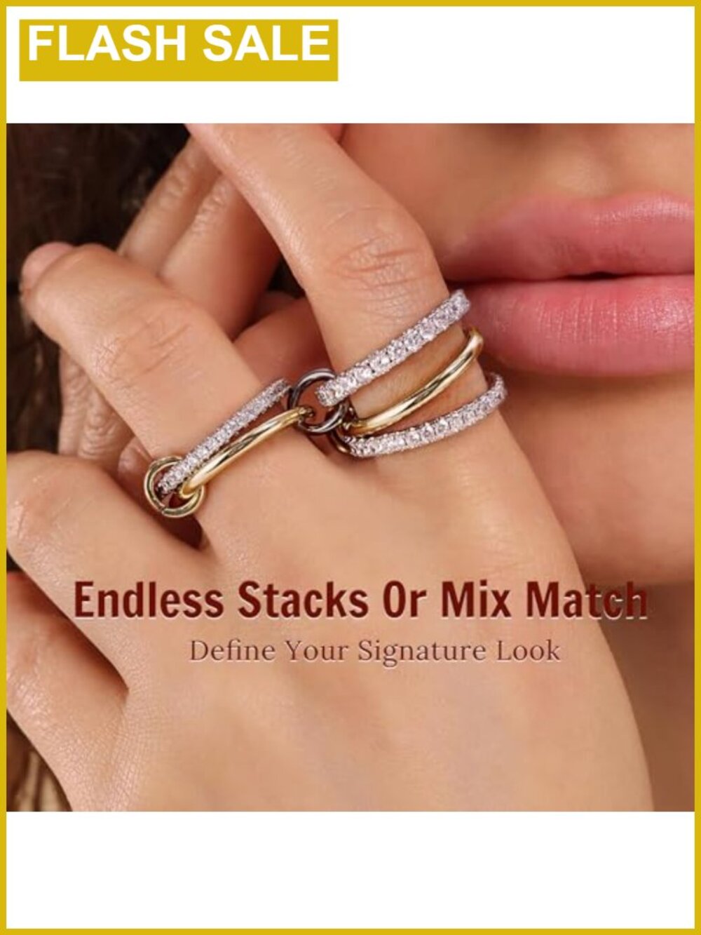 14K Gold Plated Stackable Rings Cubic Zirconia Interlocking Stack Ring Set - Picture 3 of 6